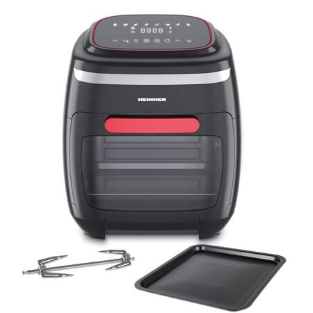 Friteuza cu aer cald Heinner Crystal Clear HAF-B2000FB, 2000W, capacitate cos 4.5L, capacitate cuptor 11L, 8 programe, 3 rafturi pentru preparare cu aer cald, tija rotisor, temperatura reglabila: 30-200˚C, temporizator: 4h, Rosu