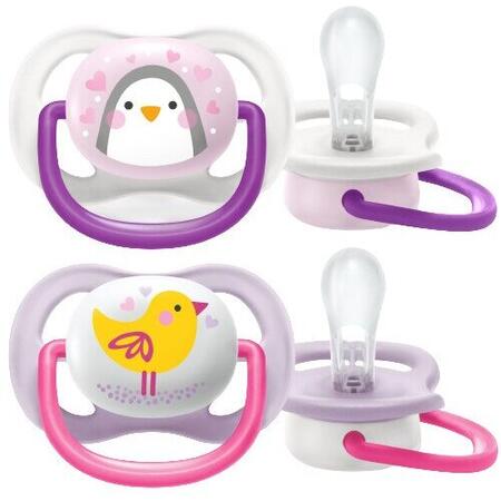 Set 2 suzete Philips-Avent Ultra Air SCF080/06, ultra air 0-6 luni, Ortodontice, fara BPA, Pinguin/Pasare, Mov/Roz