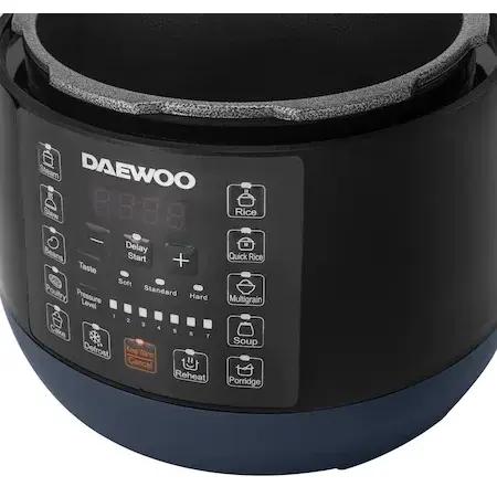 Multicooker sub presiune Daewoo Ultraline, 900 W, capacitate 5 litri, 7 niveluri de presiune, 10 programe de gatire, start intarziat, functie decongelare, reincalzire, mentinerea caldurii, recipient din otel inoxidabil, display LED, Negru