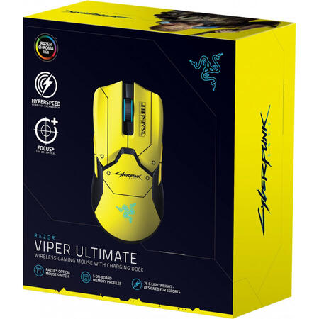 Mouse gaming wireless Razer Viper Ultimate & Dock, Ultrausor 74g, iluminare Chroma RGB, Galben Cyberpunk 2077 Ed.