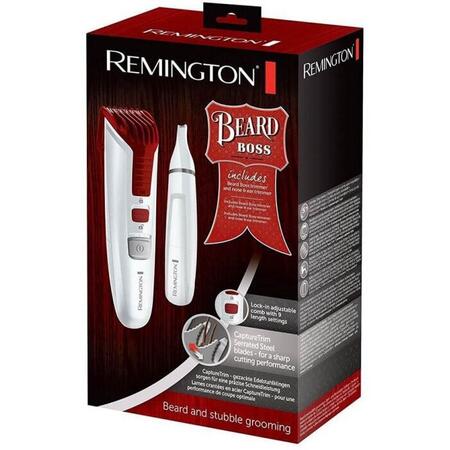 Aparat de tuns barba Remington MB4122, Baterii, 1.5-18 mm + Trimmer pentru nas/urechi, Alb