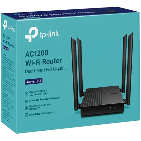 Router Wireless Archer C64, Gigabit, Dual Band, 1200 Mbps, 4 Antene Externe (Negru)