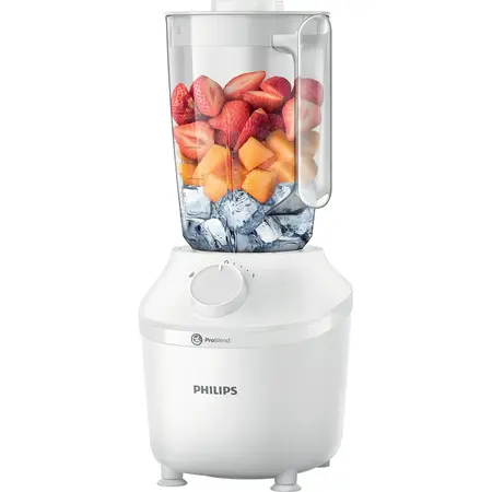 Blender Philips Seria3000 HR2041/00, Sistem ProBlend, capacitate maxima 1.9L, capacitate efectiva 1L, 1 viteza + buton Pulse, picioare antivibratie, Alb