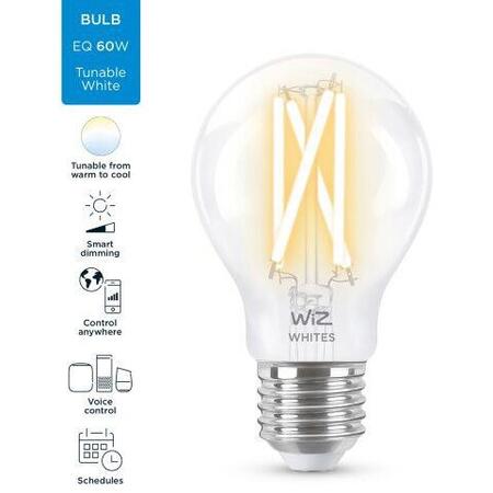 Bec LED inteligent vintage WiZ Filament Whites, Wireless, A60, E27, 6.7W (60W)