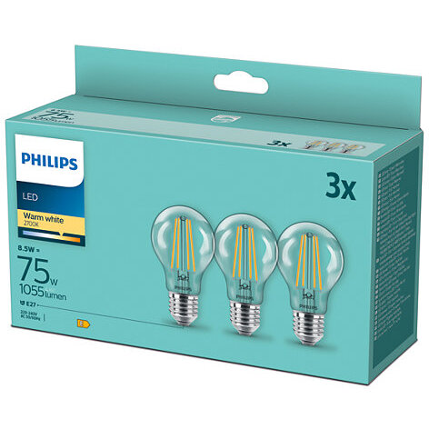 Pachet 3 becuri LED filament, A60, E27, 8.5W (75W), 1055 lm, lumina alba calda (2700K)