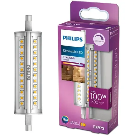 Bec LED spot, putere reglabila, R7S, 14W (100W), 1800 lm, lumina alba rece (4000K), 118mm
