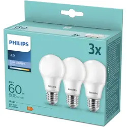 Philips Set 3 becuri LED A60, E27, 8W (60W), 806 lm, lumina rece (6500K)