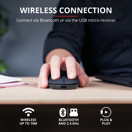 Mouse wireless Trust Puck, 2.4GHz si Bluetooth, reincarcabil USB-C, Negru