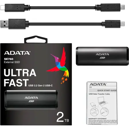 SSD extern ADATA SE760 metal, 2TB Type-C, up to 1000MB/s, multiplatform, cable Type-C-C, cable Type-C-A, Negru