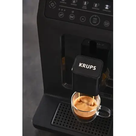 Espressor automat Krups Evidence Eco-Design EA897B10, 1450W, pompa 15 bari, functie One-Touch-Cappuccino, rasnita metalica, 8 bauturi, negru
