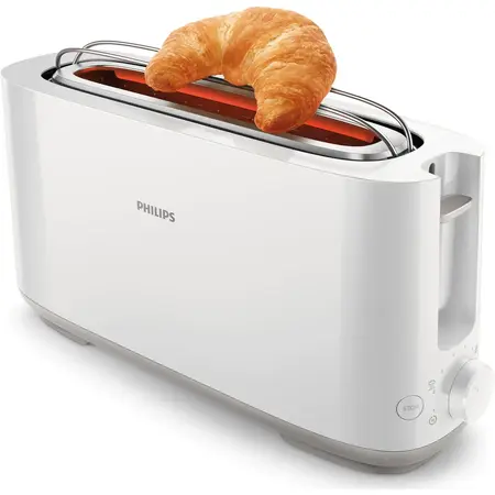 Prajitor de paine Philips HD2590/00, Plastic, Fantă lungă, încălzitor de chifle, Alb