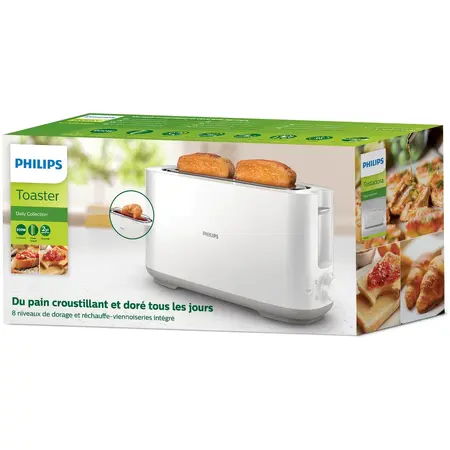 Prajitor de paine Philips HD2590/00, Plastic, Fantă lungă, încălzitor de chifle, Alb