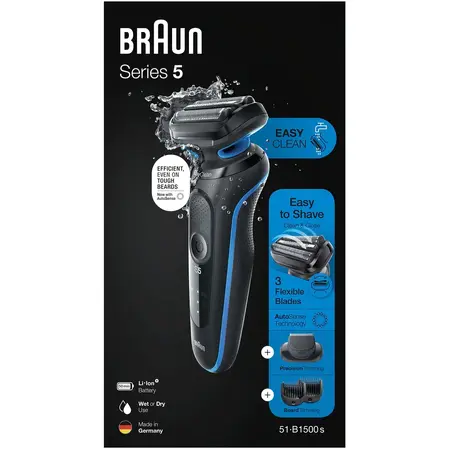 Aparat de ras electric Braun Series 5 51-B1500s Wet&Dry, AutoSense, Easy Clean, Easy Click, 3 elemente de taiere, accesorii pentru barba, Albastru/Negru