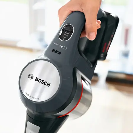 Aspirator vertical Bosch Unlimited 7, BBS712A, Autonomie 40min, 3 trepte de putere, 0.4L, Perie allFloor Dynamic Power cu LED-uri, Motor TurboSpin, Tija flexibila, Functie Quick Stand, 2 acumulatori, Graphite