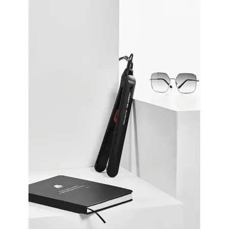 Placa de indreptat parul EasyLiss Karl Lagerfeld SF161LF0, Ceramic Tourmaline, 200 °C, placi inteligente, functie Straight & Curl, incalzire rapida, cablu 1.8m, negru&rosu
