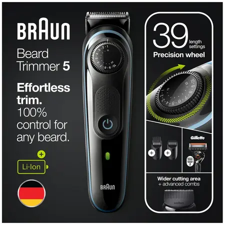 Aparat de tuns barba Braun Beard Trimmer BT5340, Wet&Dry, buton rotativ de precizie, 39 de setări pentru lungime, 2 piepteni de precizie, 1 aparat de ras Gillette, 1 incarcator, Negru/Albastru