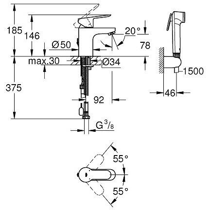 Baterie de lavoar cu dus igienic marimea S GROHE BAUEDGE