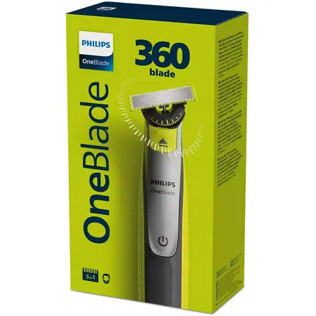 Aparat hibrid de barbierit si tuns barba Philips OneBlade 360 QP2730/20, pieptene reglabil 5 in 1, autonomie 60 min, Negru/Verde