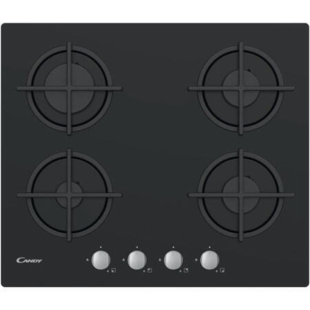 Plita incorporabila Candy CSG6B/4U2, Gaz, 4 arzatoare, Gratar fonta, 60 cm, Sticla neagra
