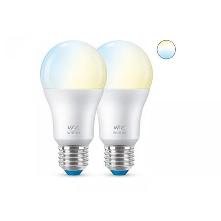 2 Becuri LED inteligente WiZ Connected Whites A60, Wi-Fi, E27, 8W (60W), 806 lm, lumina alba (2700-6500K)