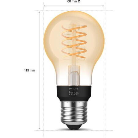 Bec LED inteligent vintage (decorativ) Hue Filament Bulb A60, Bluetooth, E27, 7W (40W), 550 lm, lumina calda (2100K)