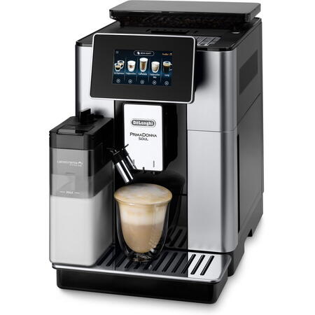Espressor automat De’Longhi PrimaDonna SOUL ECAM 610.55.SB, Carafa pentru lapte, Sistem LatteCrema, Rasnita cu tehnologie Bean Adapt, Coffee Link App, 1450W, 19 bar,2.2 l, Negru - Argintiu