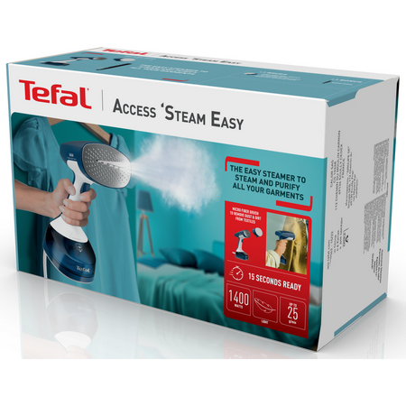 Aparat de calcat vertical cu abur Tefal Access Steam Easy DT7130E1, 1400 W, abur 25 g/ min, rezervor 150 ml, incalzire rapida 25 secunde, cablu electric 2.6 m, alb/ albastru