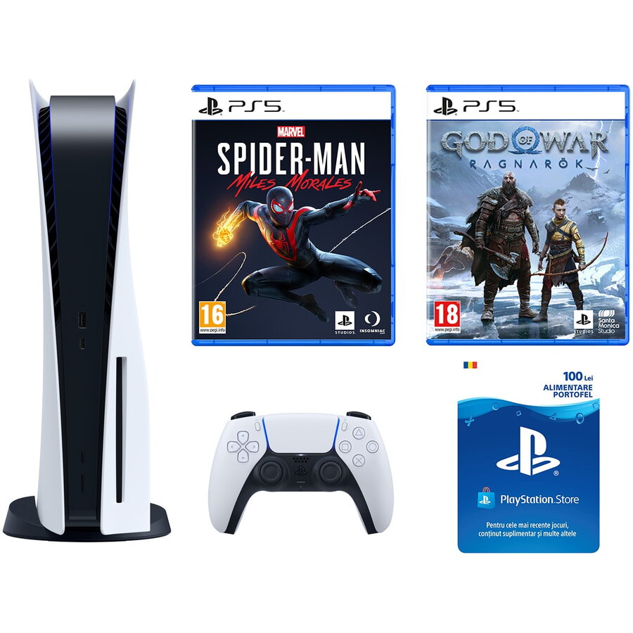 Consola PlayStation 5 + Joc PS5 God of War Ragnarok + Joc PS5 Marvel's Spider-Man: Miles Morales + PSCard 100 RON