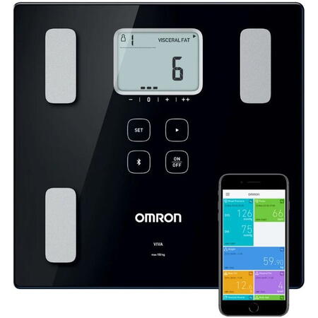 Cantar cu monitor compozitie corporala Omron Viva, app mobil, 30 masuratori, 4 utilizatori, Negru