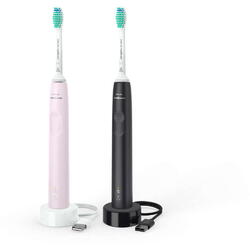 Set de 2 periute de dinti electrice sonice Philips Sonicare Seria 3100 HX3675/15, 31000 miscari/minut, 1 mod de curatare, senzor presiune, functia BrushSync, 2 capete de periere, Roz pastel/Negru