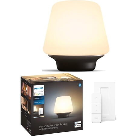 Lampa LED Hue Wellness, Bluetooth, E27, 6W (60W), 806 lm, lumina alba (2200-6500K), IP20, 18.6cm, Sticla, Negru, Intrerupator cu variator inclus
