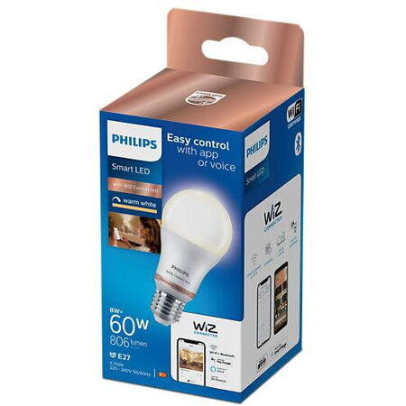 Bec LED inteligent Wiz Bulb A60, Wi-Fi, Bluetooth, E27, 8W (60W), 806 lm, lumina calda (2700K)