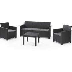 Set mobilier de gradina Keter Elodie cu canapea 3 locuri, 2 fotolii si masa clasica, aspect ratan, plastic, gri antracit, perne incluse