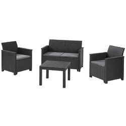 Set mobilier de terasa/gradina Keter Elodie cu canapea 2 locuri, 2 fotolii si masa, aspect ratan, plastic, gri antracit, perne incluse