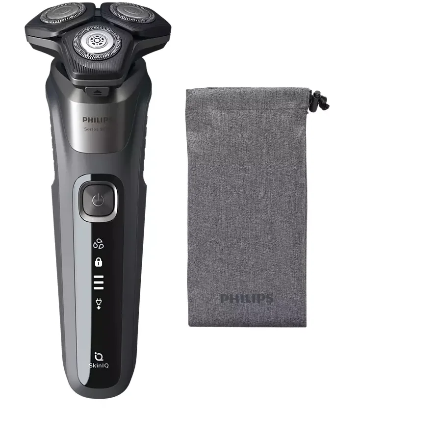 Aparat de barbierit Philips Seria 5000 S5887/10, barbierit umed/uscat, tehnologie SkinIQ, fara fir, capete flexibile 360°, display LED, senzor Power Adapt, lame auto-ascutire, lama de tuns integrata, 60 min, Gri carbon