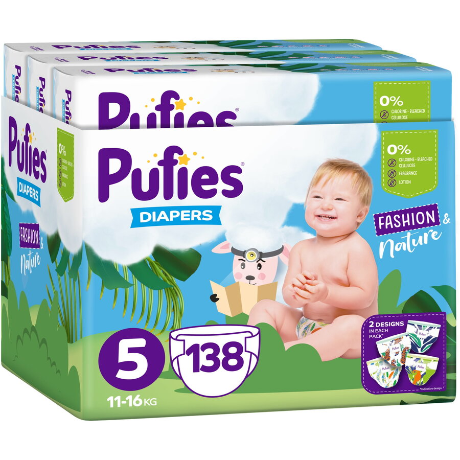 Scutece Pufies Fashion&Nature, Monthly Box, 5 Junior, 11-16 kg, 138 buc