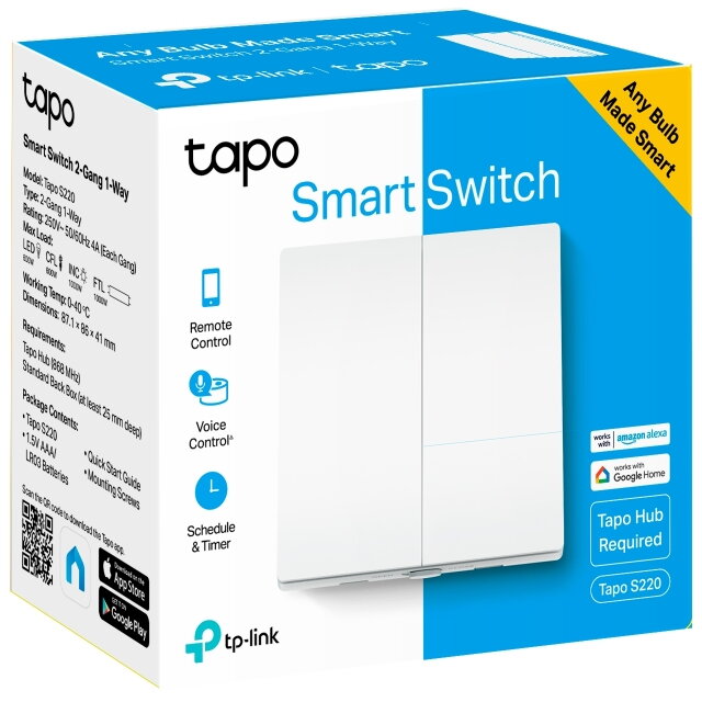 Intrerupator inteligent, necesita hub Tapo H100 pentru functionare, 2 comutatoare, programare prin smartphone aplicatia Tapo, 2 x baterii AAA, WiFi, alb