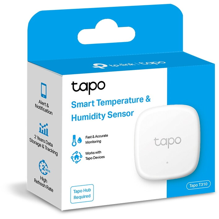 Senzor smart de temperatura si umiditate, necesita hub Tapo H100 pentru functionare, programare prin smartphone aplicatia Tapo, 1 x baterii CR2450, WiFi, alb