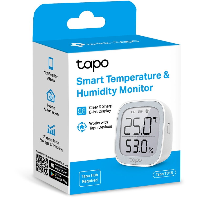 Senzor smart de temperatura si umiditate, necesita hub Tapo H100 pentru functionare, programare prin smartphone aplicatia Tapo, display 2.7 E-ink, 2 x baterii AAA, WiFi, alb
