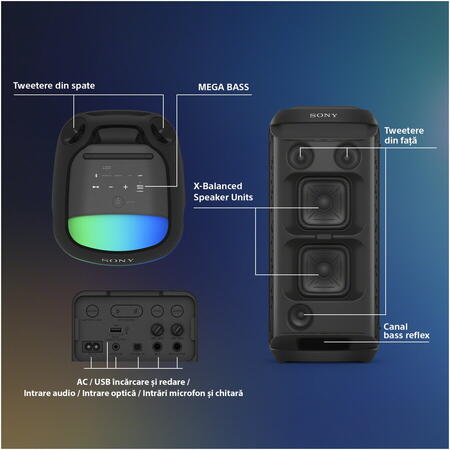 Sistem audio portabil Sony SRS-XV800, Wireless Party Speaker, Mega Bass, Sunet 360, Bluetooth 5.2, Sunet omnidirectional, Lumini multicolore, Karaoke, IPX4, Autonomie de 25 ore, Negru