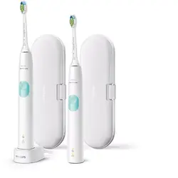 Set 2 Periute electrice de dinti Philips Sonicare ProtectiveClean 4300 HX6807/35, 62000 miscari/minut, Senzor de presiune integrat, 1 mod de curăţare, tehnologie BrushSync, tocuri de transport, Alb