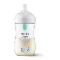 Biberon Philips Avent Natural Response SCY673/81, cu dispozitiv AirFree, 260 ml, tetina fara scurgeri, +1 luni, model deco elefanti, fara BPA