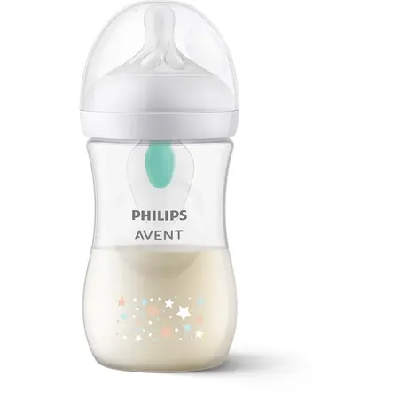 Biberon Philips Avent Natural Response SCY673/82, cu dispozitiv AirFree, 260 ml, tetina care functioneaza ca sanul mamei, cu debit 3, tetina fara scurgeri, +1 luni, model deco ursuleti, fara BPA