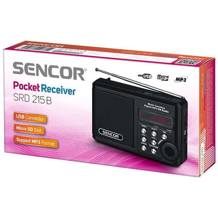 Radio portabil FM SRD 215 B Sencor, 2 W RMS, USB, microSD, negru