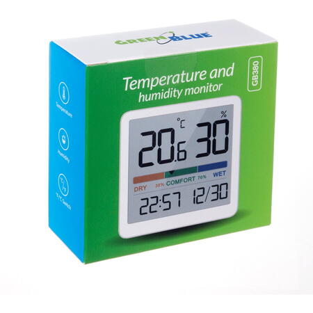 Termometru si higrometru digital cu afisaj data/ora GreenBlue, GB380, alb