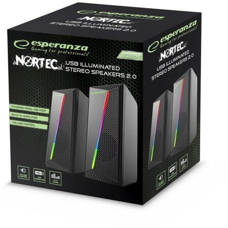 Boxe stereo Esperanza EGS106,  2.0, 6W, conectare jack 3.5mm, alimentare USB, Esperanza Rainbow Nortec 95855, iluminare RGB, negre