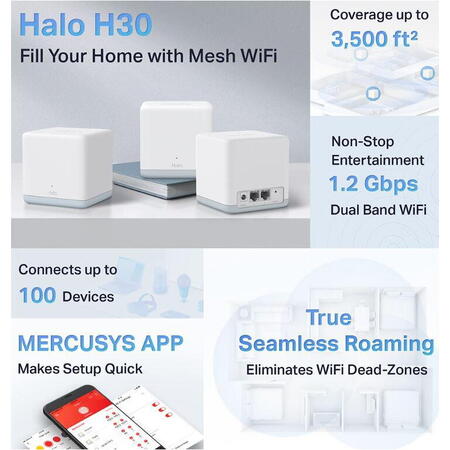 Sistem Mesh AC1200 Whole Home Wi-Fi, HALO H30(3-PACK)