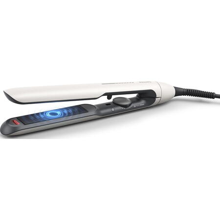 Placa de indreptat parul Philips Prestige BHS515/00, tehnologie ThermoShield, placi infuzate cu ulei de argan, 230°C, ingrijire ioni, 12 setari temperatura, husa termorezistenta, Alb perlat