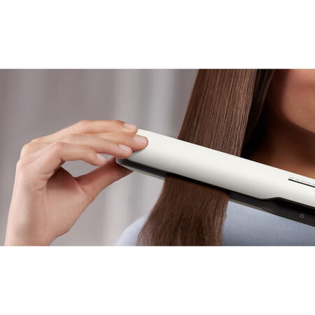 Placa de indreptat parul Philips Prestige BHS515/00, tehnologie ThermoShield, placi infuzate cu ulei de argan, 230°C, ingrijire ioni, 12 setari temperatura, husa termorezistenta, Alb perlat