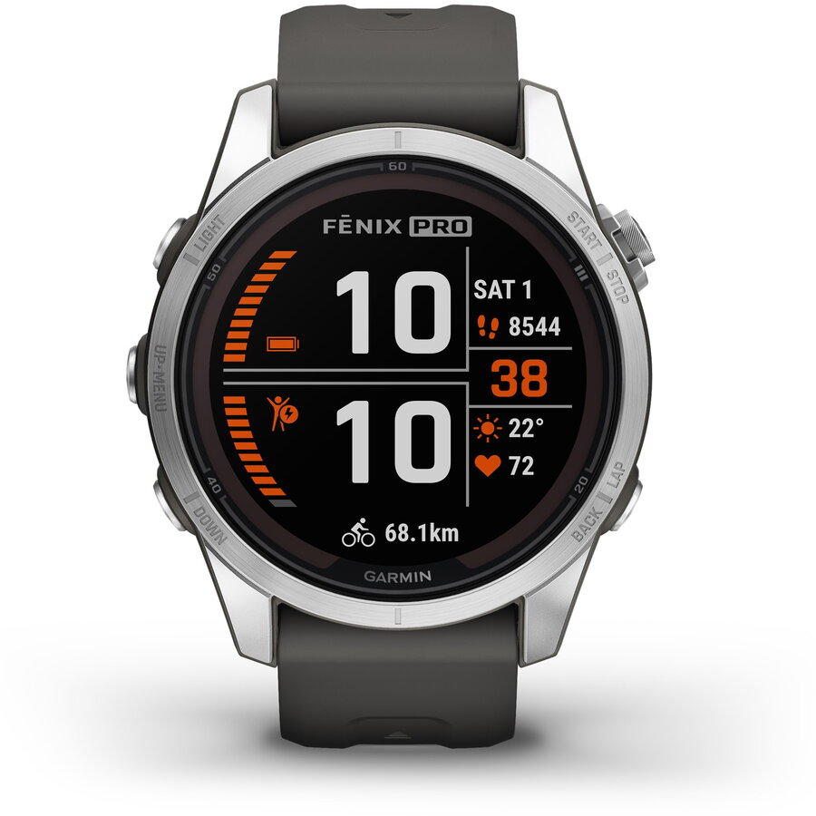 Ceas smartwatch Garmin Fenix 7S Pro Solar, Glass, curea Graphite, Argintiu